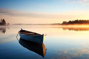 pacífico amanecer terminado un calma lago con un solitario remo barco en el distancia ai generativo foto