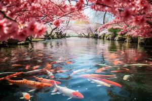 Ethereal image of a tranquil koi pond surrounded by blooming cherry blossoms AI Generative photo