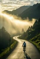 un temprano Mañana paseo - el del ciclista aventuras mediante un montaña pasar ai generativo foto