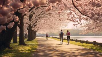 Expansive springtime park scene filled with blooming cherry blossoms and health-conscious individuals AI Generative photo