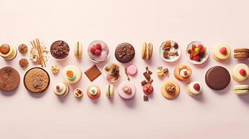 Global dessert medley a captivating flat-lay of tiramisu macarons and baklava AI Generative photo