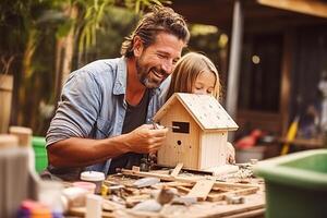 Father-daughter bonding time over a creative DIY birdhouse project in the backyard photo