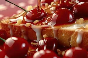 cherry toast, macro shot of a fresh breakfast with Dripping Honey, AI Generated photo