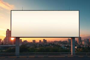 Vibrant sunset forming a fiery backdrop for a blank billboard frame, perfect for bold advertising AI Generative photo