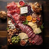 Bird's-eye view of gourmet charcuterie board with meats cheeses fruits and nuts AI Generative photo