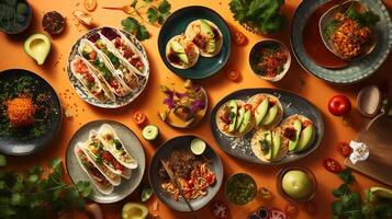 Overhead snapshot of international cuisine sushi pasta and tacos on a colorful tablecloth AI Generative photo