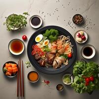 Top view of a simple Asian meal ramen dumplings and sushi illustrating diverse flavors photo