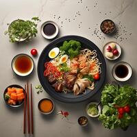 Top view of a simple Asian meal ramen dumplings and sushi illustrating diverse flavors AI Generative photo