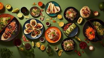 Overhead snapshot of international cuisine sushi pasta and tacos on a colorful tablecloth photo