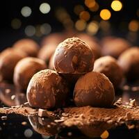 lujoso Leche chocolate trufas en brillante pulido superficie con bokeh efecto ai generativo foto