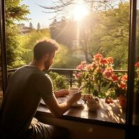 Man embracing a serene morning routine on a sunlit balcony overlooking a vibrant spring garden AI Generative photo