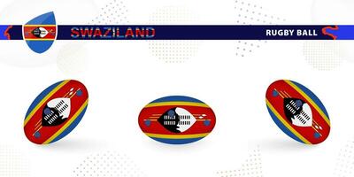 Rugby ball set with the flag of Swaziland in various angles on abstract background. vector