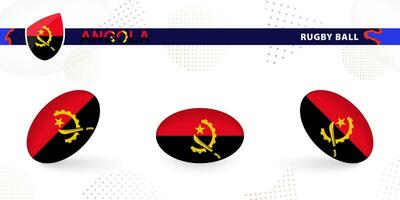 Rugby ball set with the flag of Angola in various angles on abstract background. vector