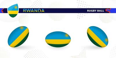 Rugby ball set with the flag of Rwanda in various angles on abstract background. vector