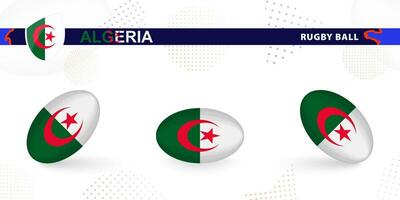 Rugby ball set with the flag of Algeria in various angles on abstract background. vector