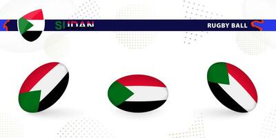 Rugby ball set with the flag of Sudan in various angles on abstract background. vector