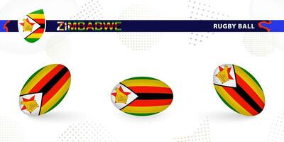 Rugby ball set with the flag of Zimbabwe in various angles on abstract background. vector