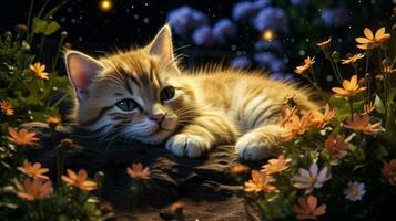 linda gato dormido pacíficamente en flores jardín generativo ai foto