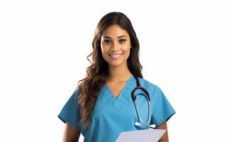 nurse wearing blue scrubs on white background generative AI photo