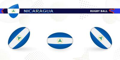 Rugby ball set with the flag of Nicaragua in various angles on abstract background. vector