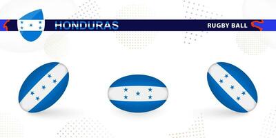 Rugby ball set with the flag of Honduras in various angles on abstract background. vector