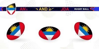 Rugby ball set with the flag of Antigua and Barbuda in various angles on abstract background. vector