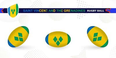 Rugby ball set with the flag of Saint Vincent and the Grenadines in various angles on abstract background. vector