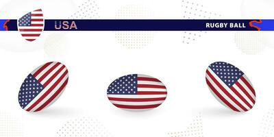 Rugby ball set with the flag of USA in various angles on abstract background. vector