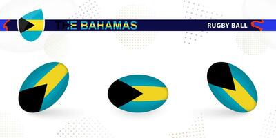 Rugby ball set with the flag of The Bahamas in various angles on abstract background. vector