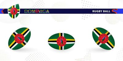 Rugby ball set with the flag of Dominica in various angles on abstract background. vector