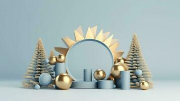 Enchanting 3D Render of Blue Podium Featuring Striking Gold Arch Christmas, AI Generated photo