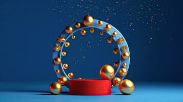 Enchanting 3D Render of Blue Podium Featuring Striking Gold Arch Christmas, AI Generated photo