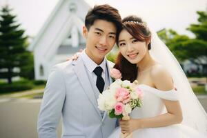Young happyJapanese bride and good looking groom generative AI photo