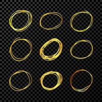 Hand drawn scribble circles.  Set of nine gold doodle round circular design elements on dark background. Vector illustration