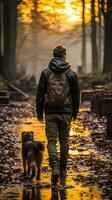 back view of a young man walking with his dog in forest generative AI photo