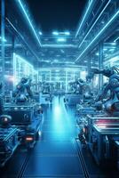 Vibrant display of intricate machinery on a modern, automated factory floor photo