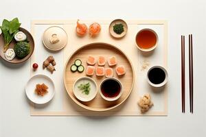 Top view of a simple Asian meal ramen dumplings and sushi illustrating diverse flavors photo
