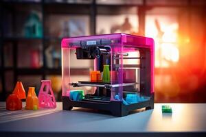 Artistic image of 3D printing process against a colorful backdrop photo