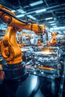 Vibrant display of intricate machinery on a modern, automated factory floor AI Generative photo