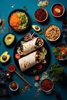 An international feast from above, a unifying spread of sushi, pasta, and tacos on a vibrant tablecloth AI Generative photo