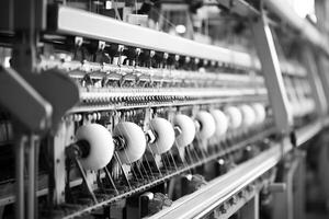 Modern textile factory with automated looms weaving patterns photo