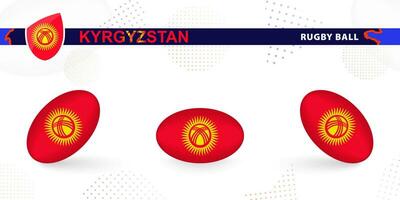 Rugby ball set with the flag of Kyrgyzstan in various angles on abstract background. vector