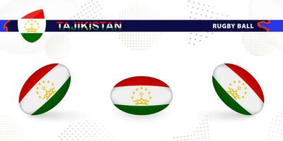 Rugby ball set with the flag of Tajikistan in various angles on abstract background. vector