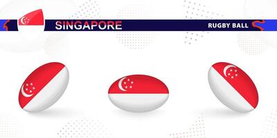 Rugby ball set with the flag of Singapore in various angles on abstract background. vector