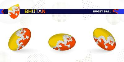 Rugby ball set with the flag of Bhutan in various angles on abstract background. vector