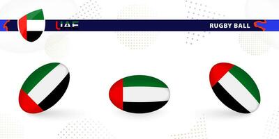 Rugby ball set with the flag of United Arab Emirates in various angles on abstract background. vector