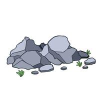 A bunch of big and small gray colored stones and a few leaves decoration vector illustration isolated on square white background. Simple flat cartoon art styled drawing.