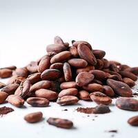 Ethereal Close-up of Cocoa Beans Against Crisp White Background with Left Copyspace AI Generative photo