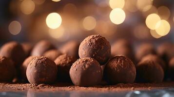 lujoso Leche chocolate trufas en brillante pulido superficie con bokeh efecto ai generativo foto