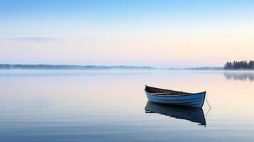 Peaceful dawn over a calm lake with a solitary rowing boat in the distance photo